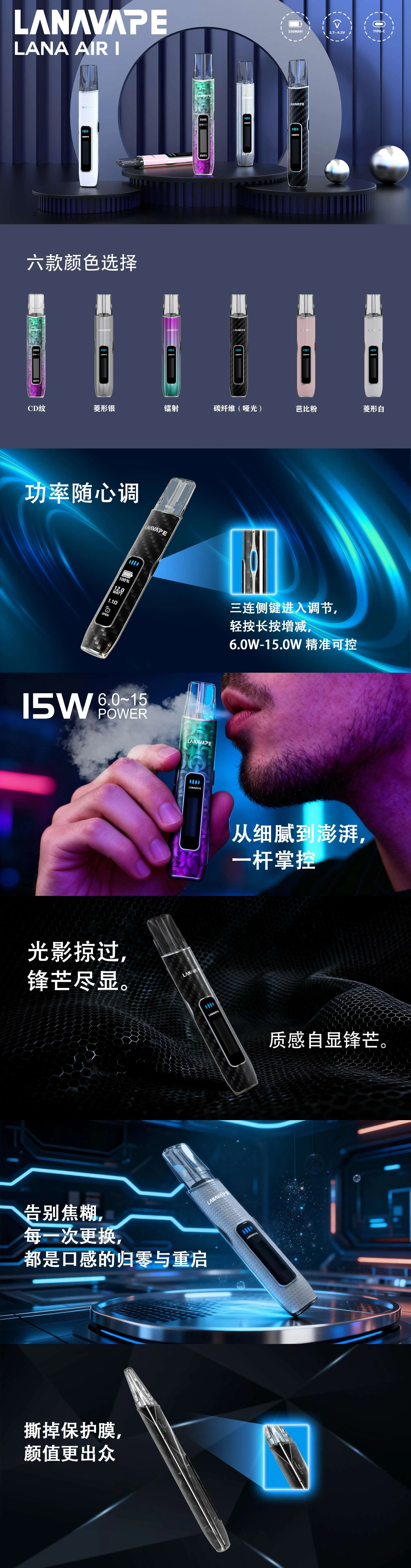 LANA AIR 1 多色主機展示 - 支援 15W 功率調整